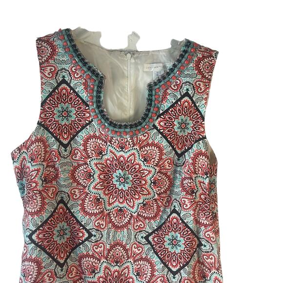 London Times Y2k Women's Size 10 Beaded Turquoise Red‎ Shift Dress - Picture 2 of 9